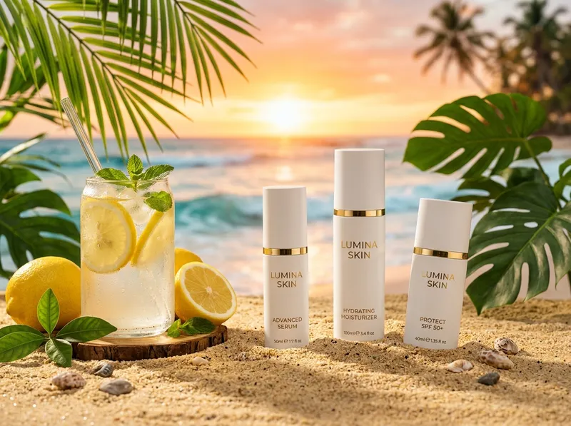SkinMedica Summer products on beautiful sand beaches
